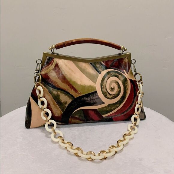 Abstract Print Genuine Cowhide Handmade Double Kisslock Bag with 2 Strap Styles - Picture 3 of 16